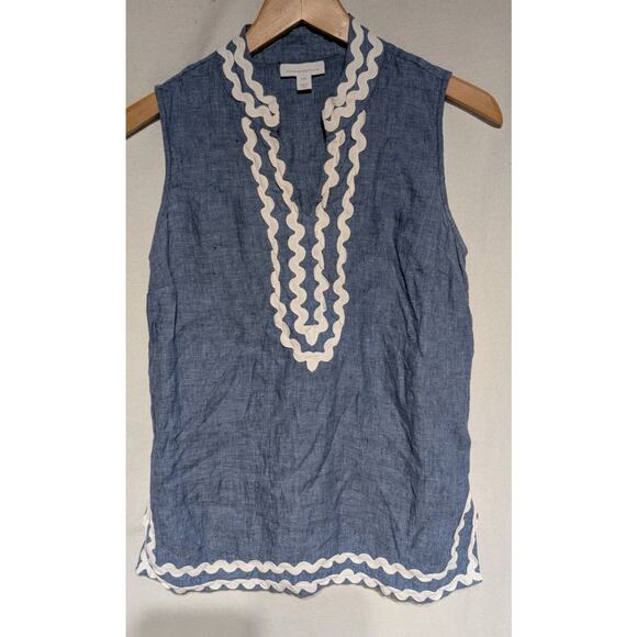 Charter Club Womens Linen Tunic Sz PS Scalloped trim Blue Coastal Beach Vacation - Picture 1 of 9